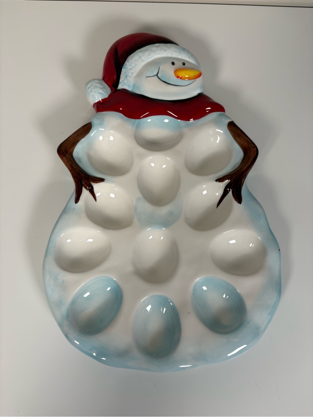 Ceramic Snowman Egg Tray - Red, White & Light Blue Holiday Server